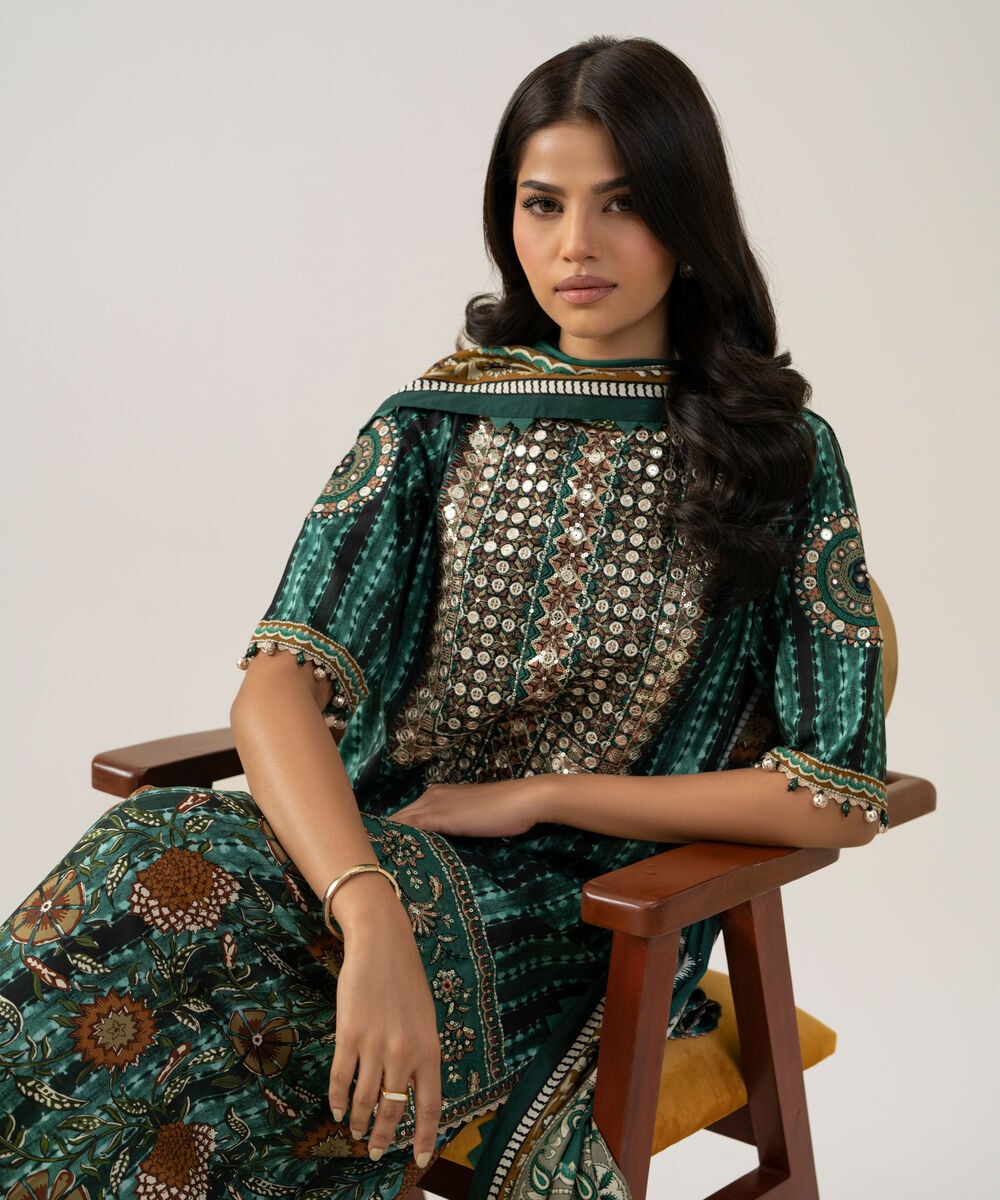 Women's Unstitched Linen Printed Green 3 Piece Suit