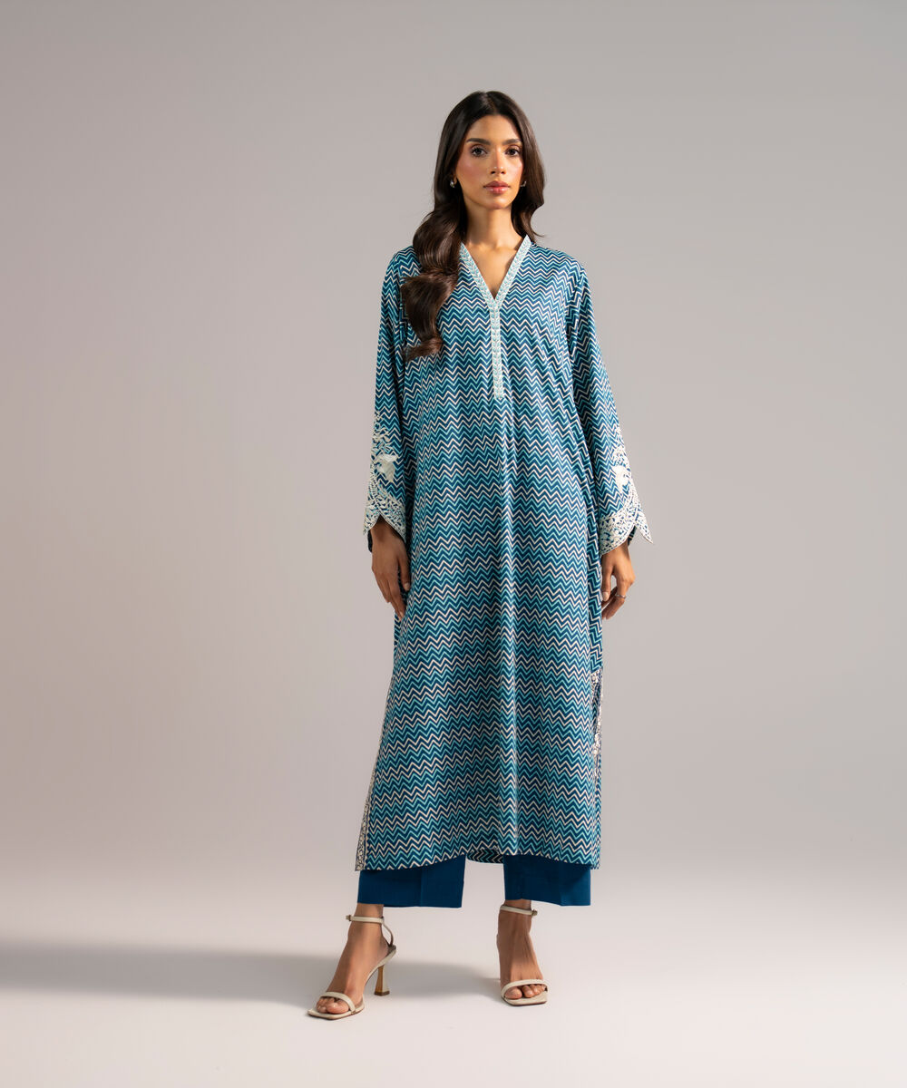 Women's RTW Cotton Viscose Embroidered Dark Blue Straight Shirt
