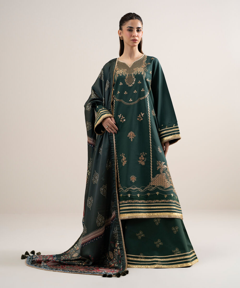 Women's Unstitched Dobby Embroidered Green 3 Piece Suit