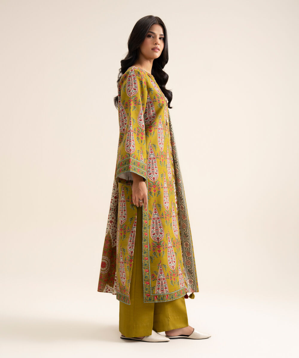 Women's Unstitched Light Khaddar Printed Green 3 Piece Suit