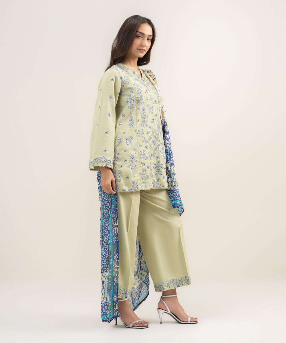 Women's RTW Dobby Embroidered Green 3 Piece Suit