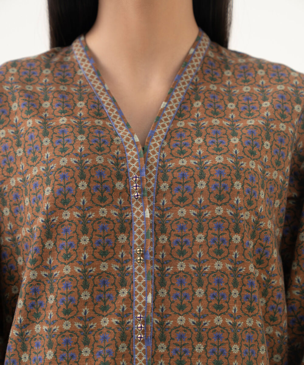 Women's Unstitched Khaddar Embroidered Brown 3 Piece Suit