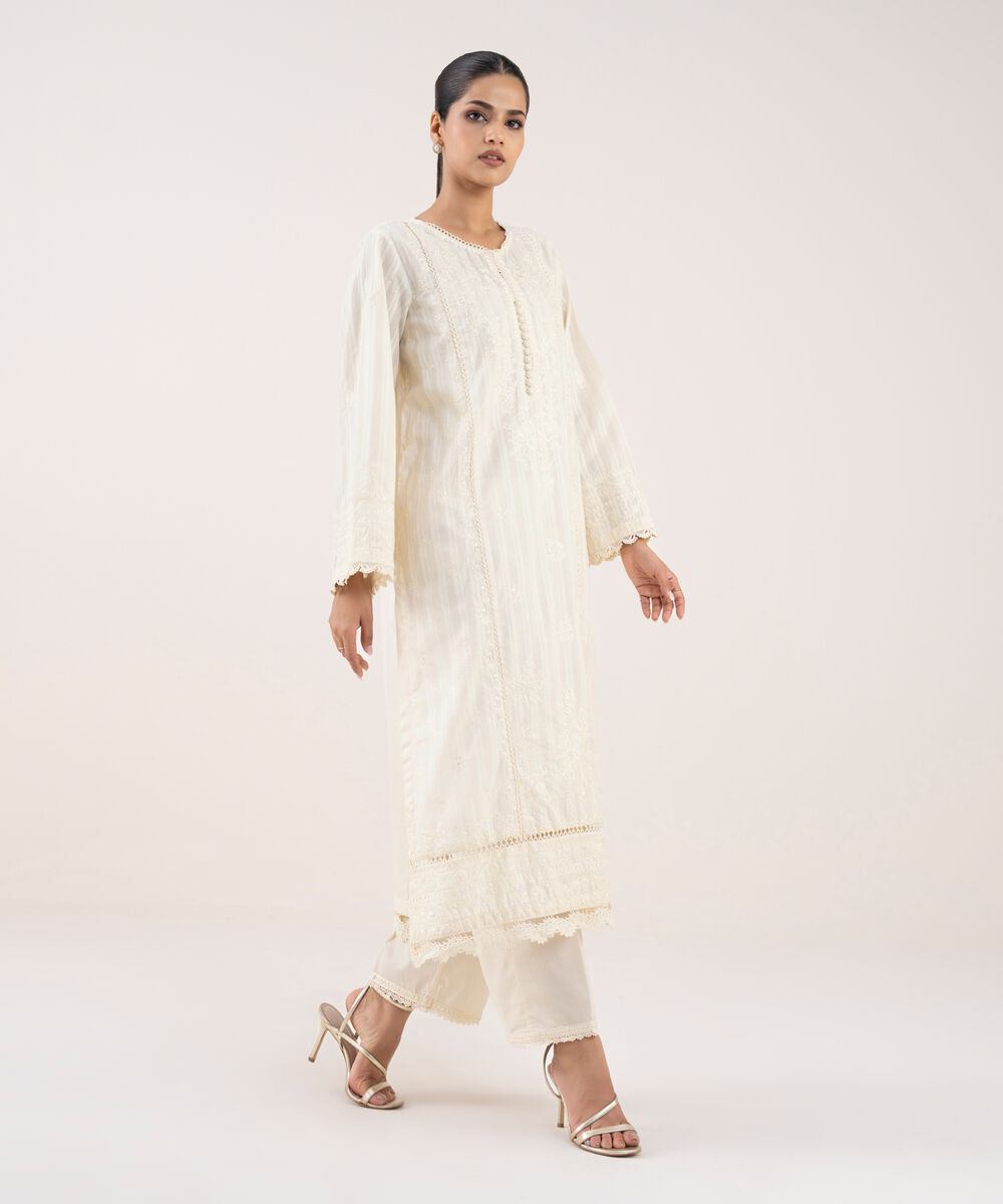 Women's RTW Textured Lawn Off White Embroidered A-Line Shirt