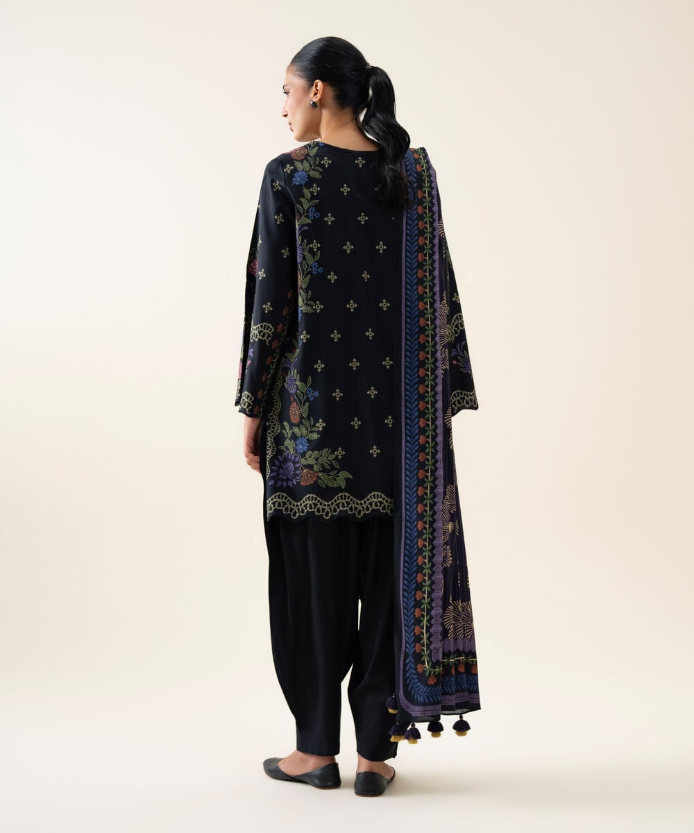 Womens Unstitched Viscose Linen Printed Dark Blue 3 Piece Suit