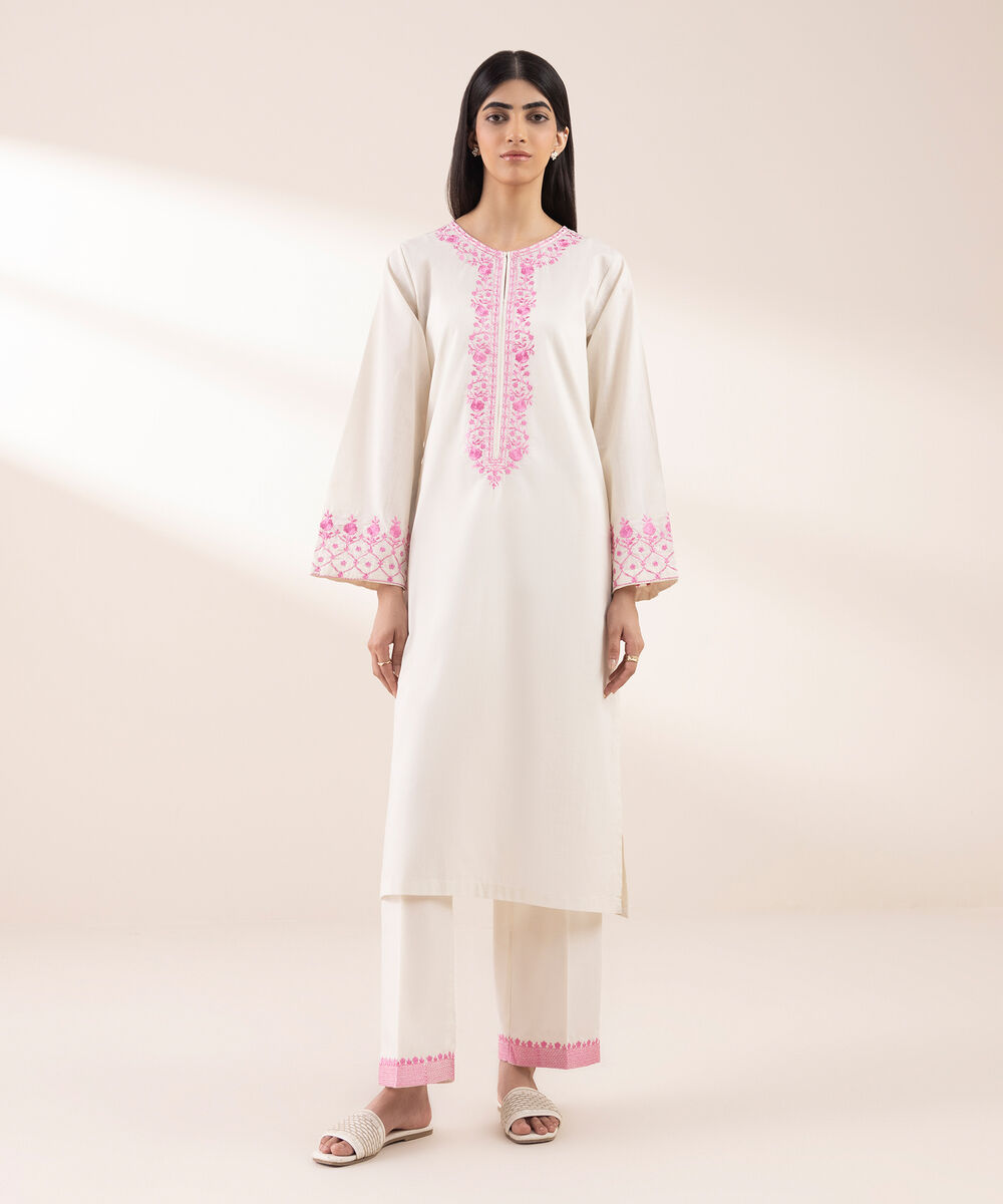 Women's RTW Cross Hatch Beige Embroidered A-Line Shirt