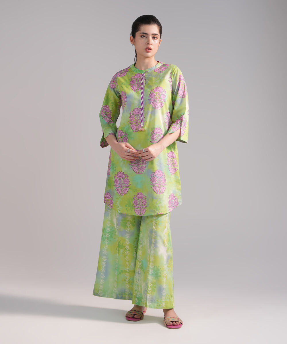 Women's RTW Slub Lawn Printed Bright Green Straight Shirt