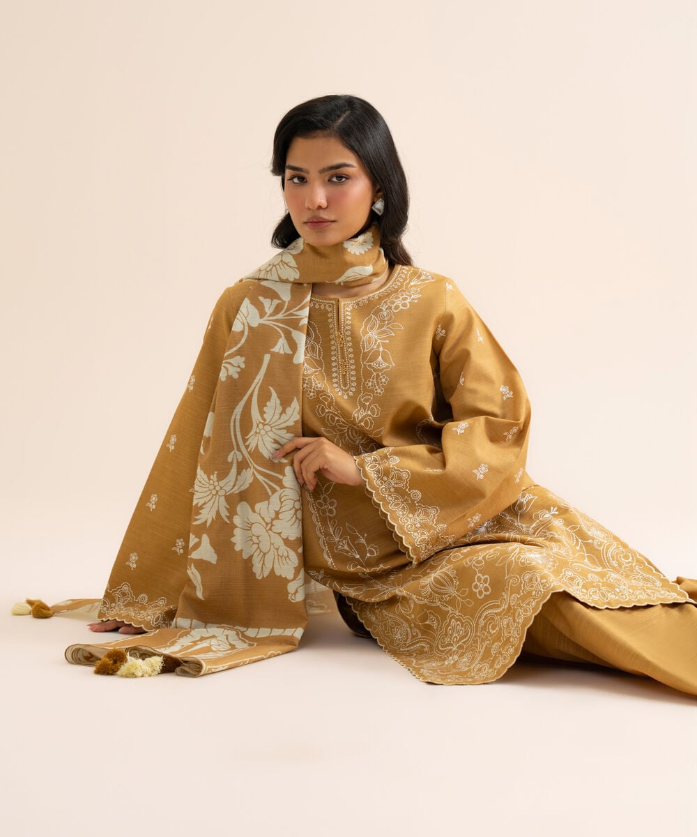 Women's Unstitched Light Khaddar Embroidered Mustard 3 Piece Suit
