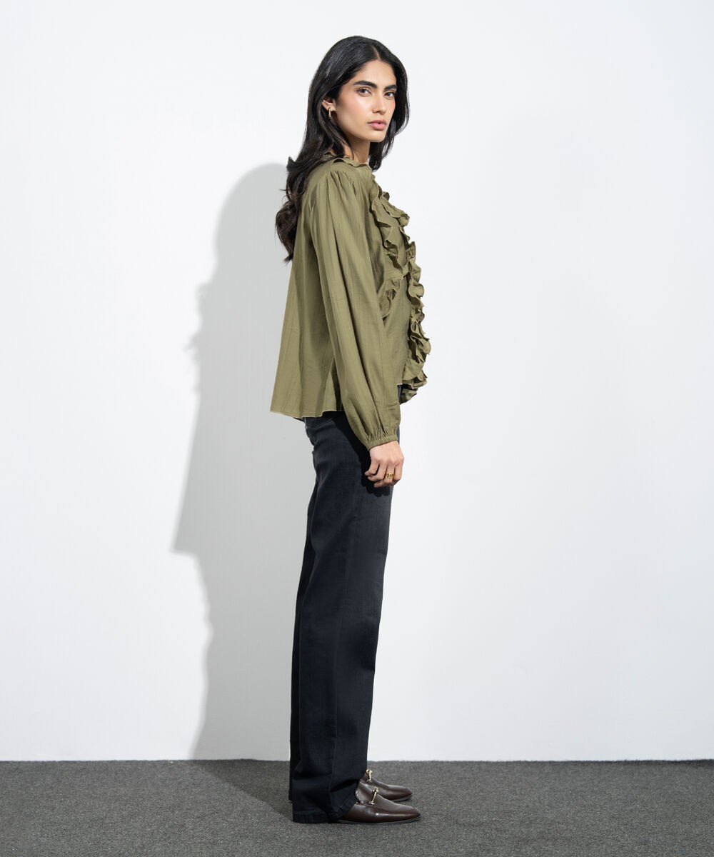 Women's Western Mustard Textured Ruffled Top