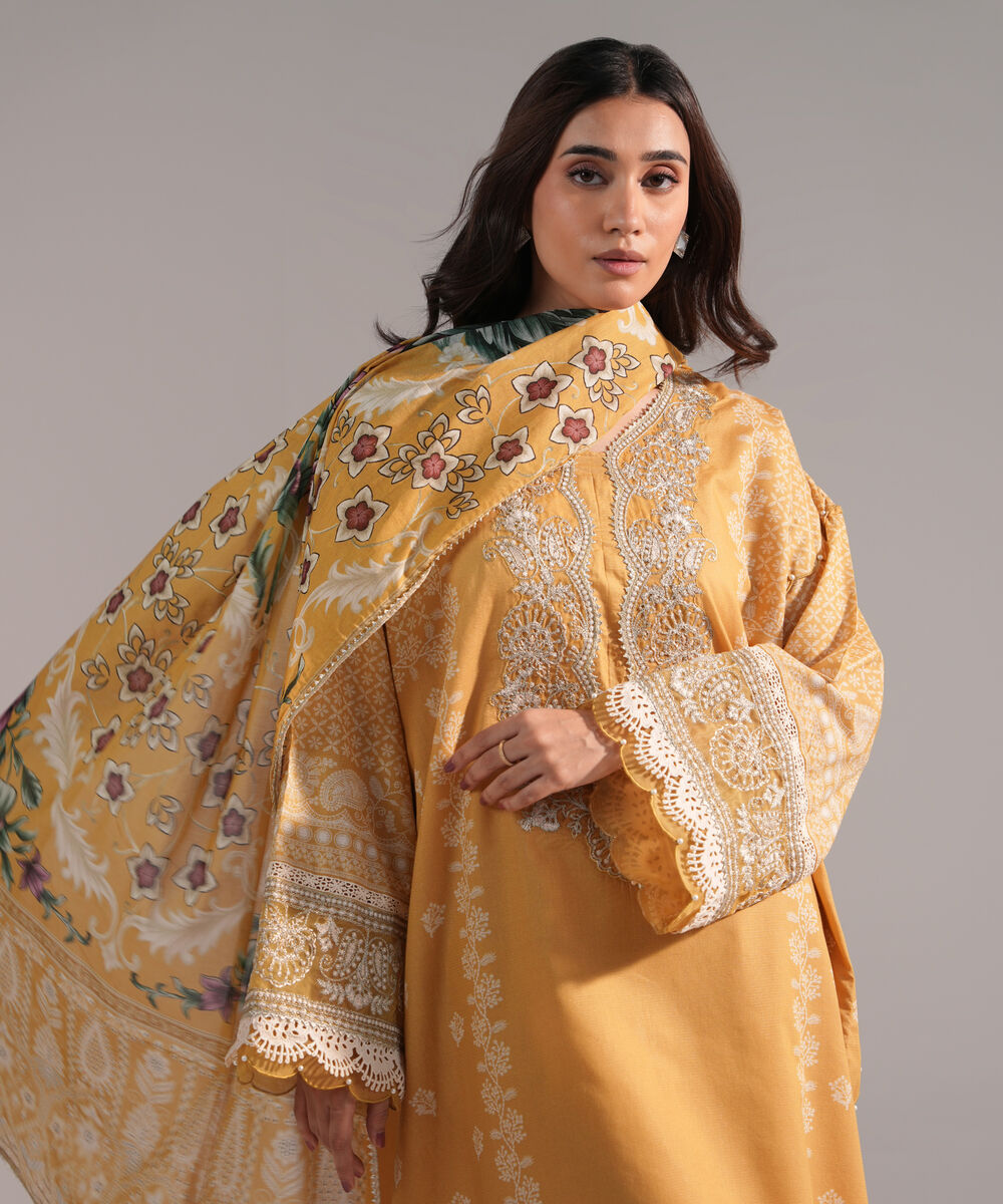 Women's RTW Zari Lawn Embroidered Yellow 3 Piece Suit