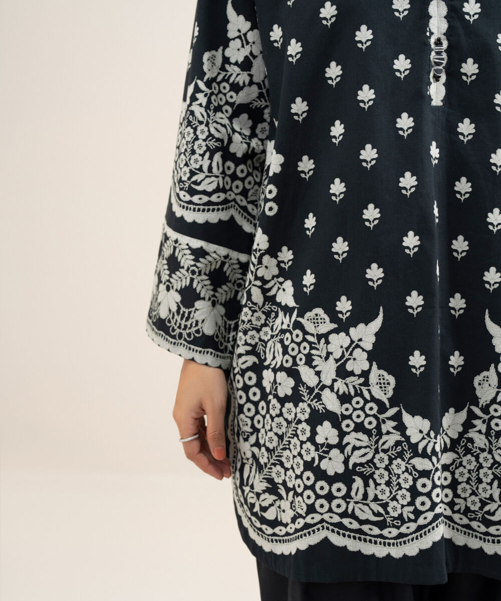 Women's Unstitched Lawn Printed Black and Off White 3 Piece Suit