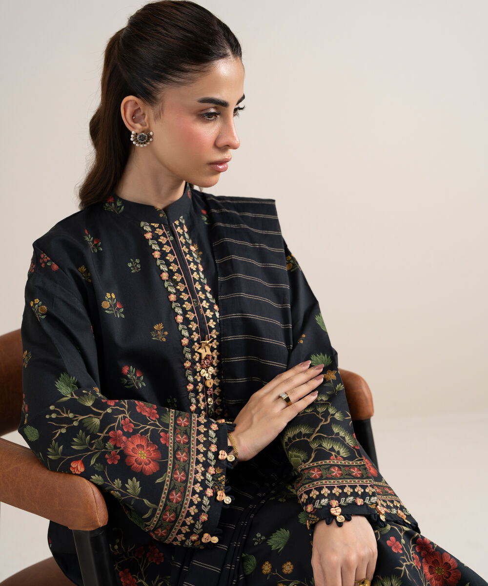 Women's Unstitched Lawn Embroidered Black 3 Piece Suit
