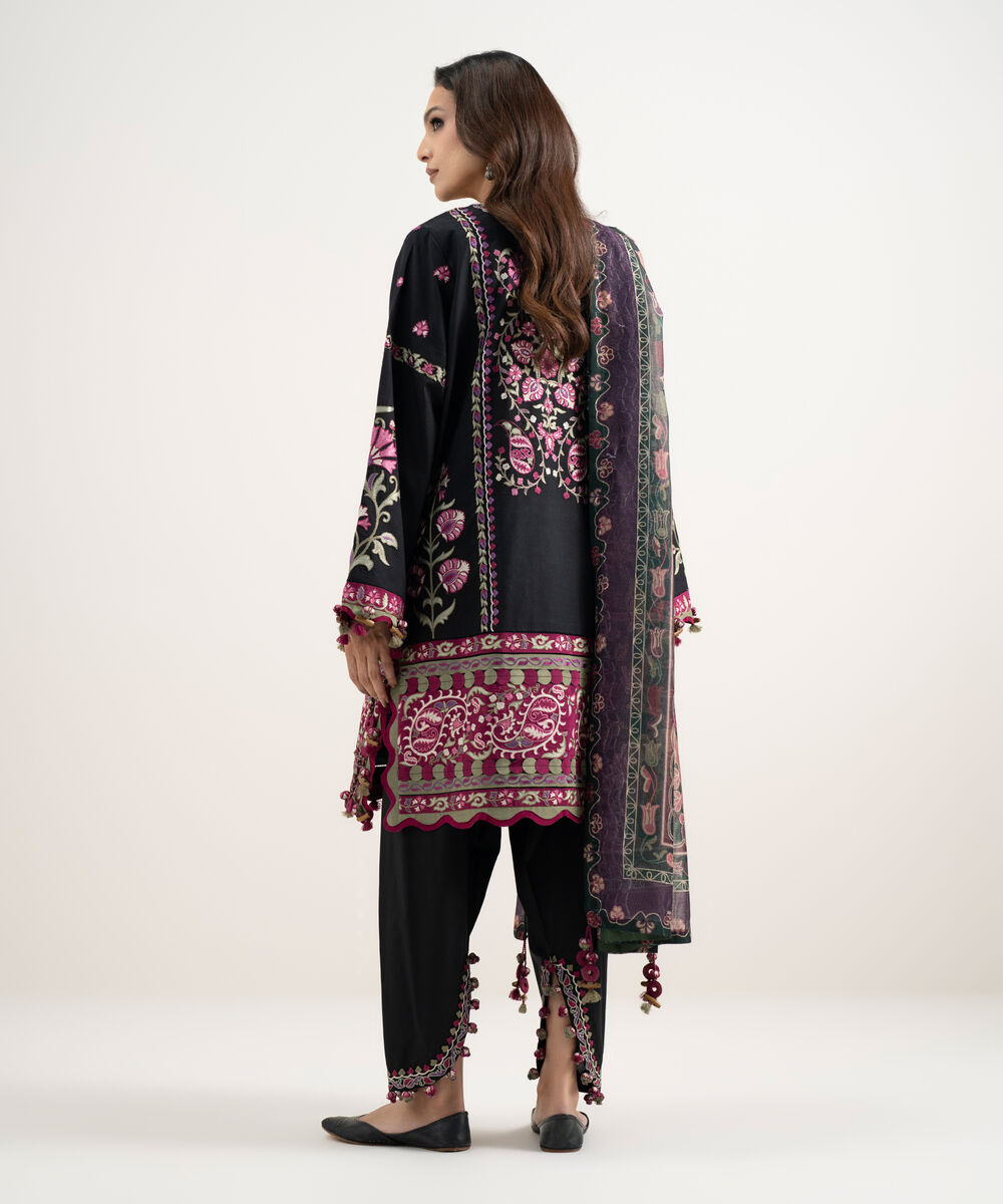 Women's Unstitched Lawn Embroidered Black 3 Piece Suit