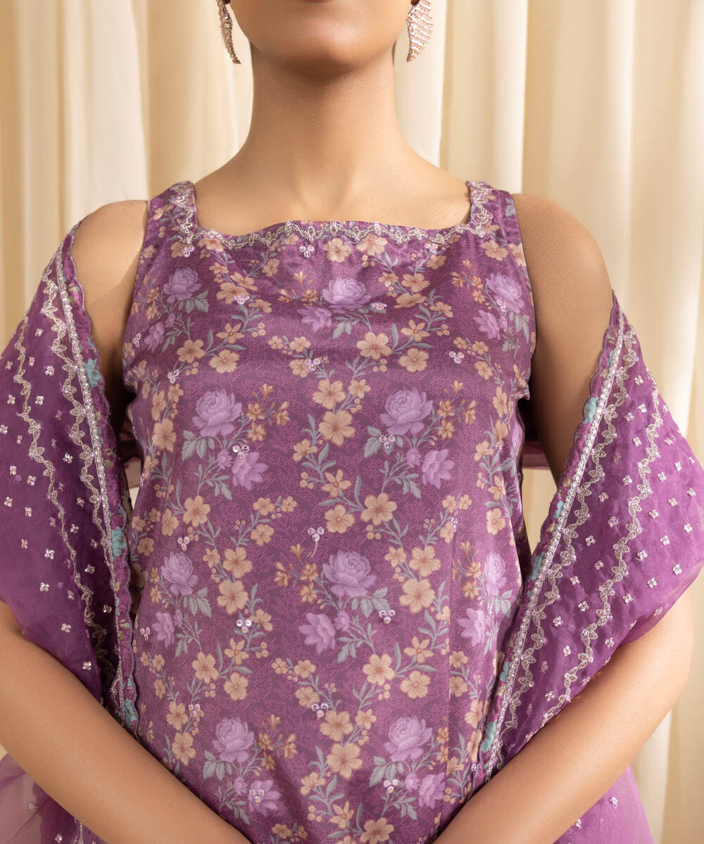 Unstitched Women's Embroidered Blended Grip Silk Purple Three Piece Suit