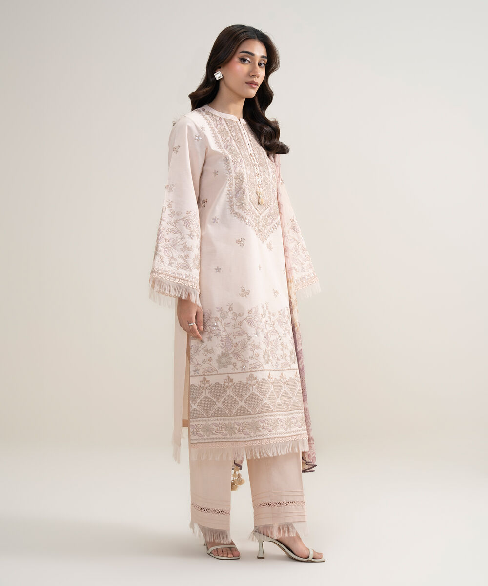 Women's Unstitched Lawn Embroidered Pink 3 Piece Suit