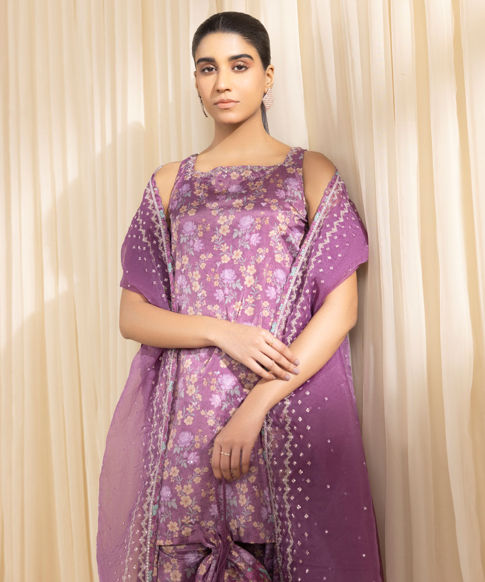 Unstitched Women's Embroidered Blended Grip Silk Purple Three Piece Suit