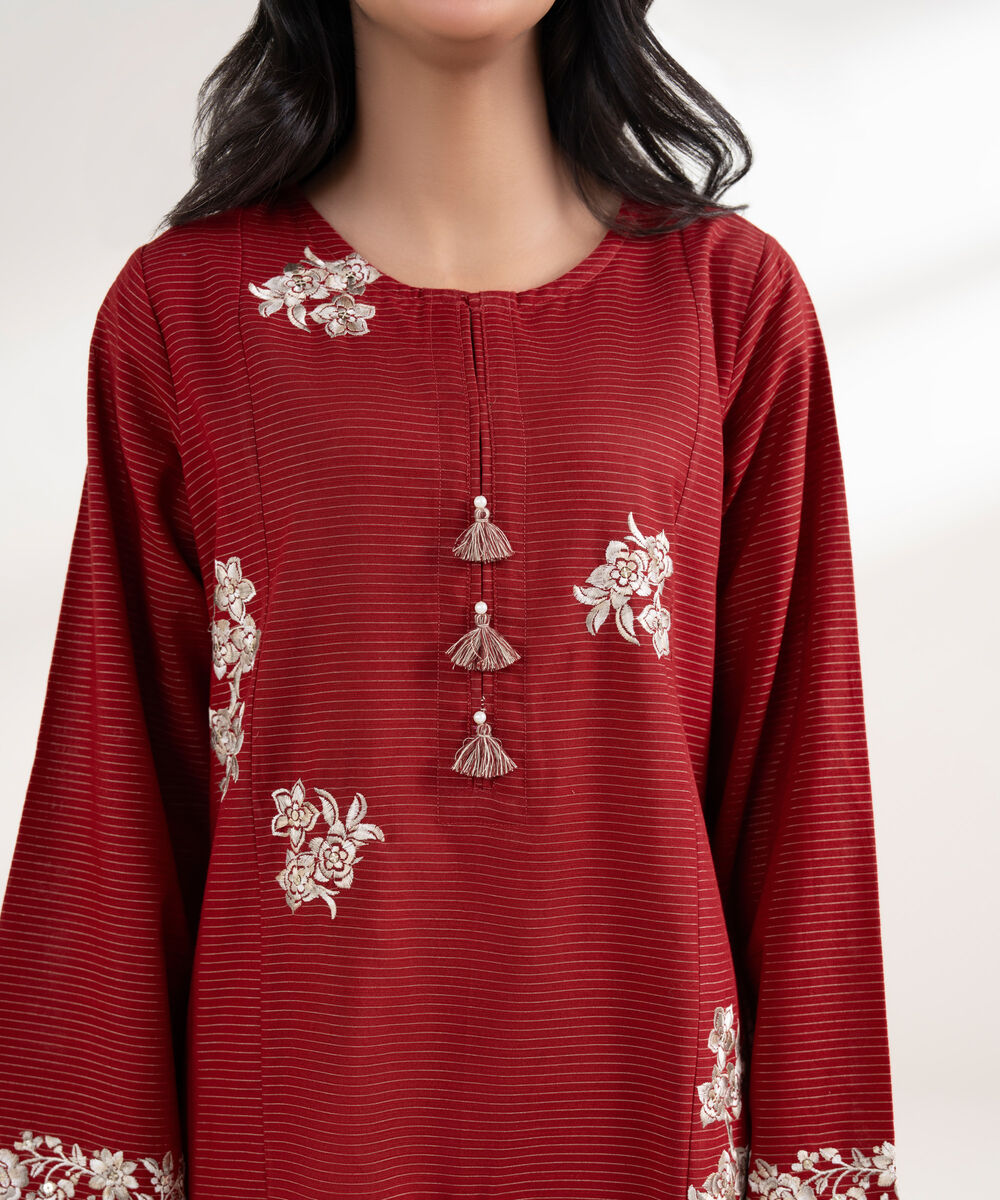Women's RTW Zari Khaddar Embroidered Red Straight Shirt