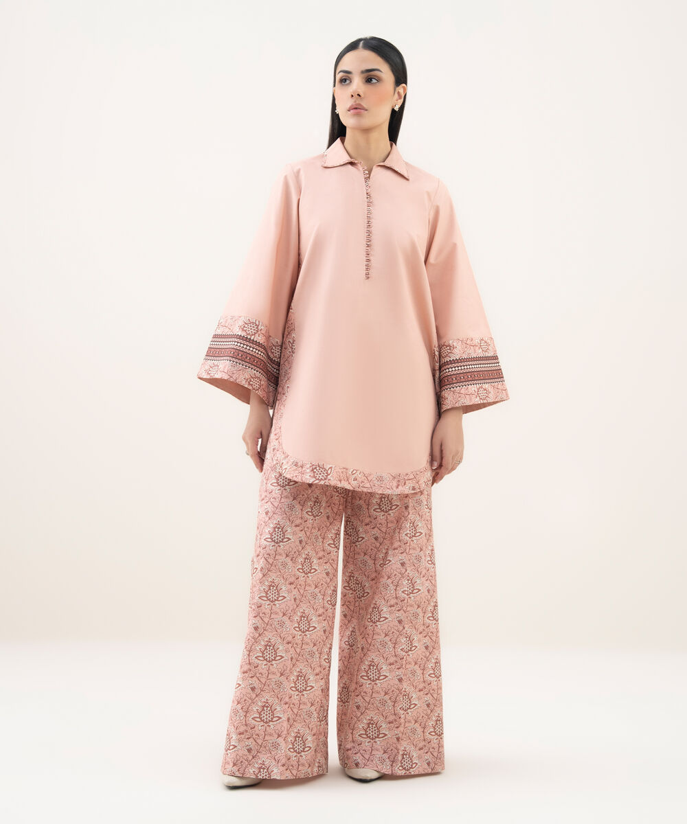 Women's Unstitched Cotton Printed Pink 2 Piece Suit