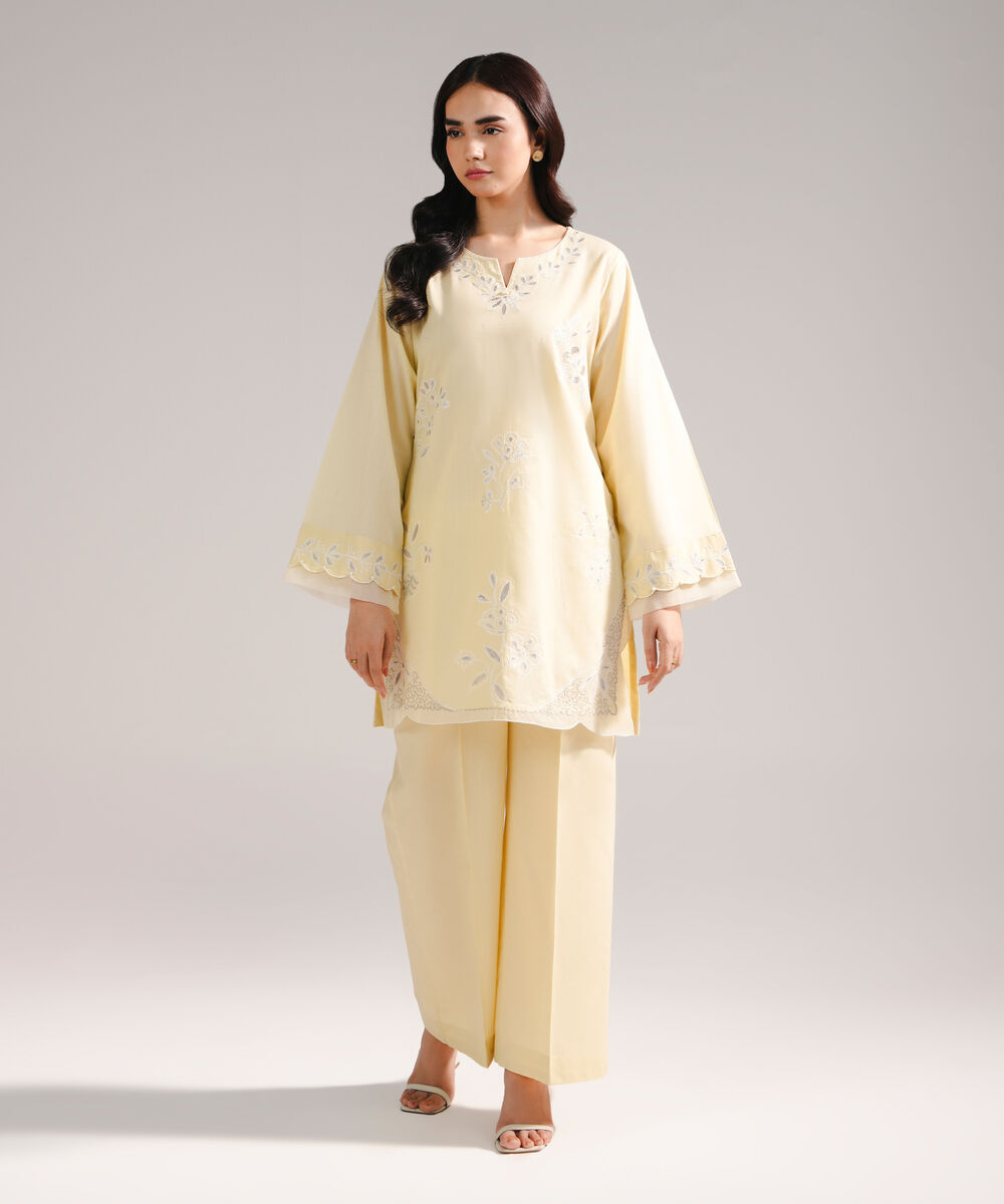 Women's RTW Cross Hatch Embroidered Pale Yellow Straight Shirt