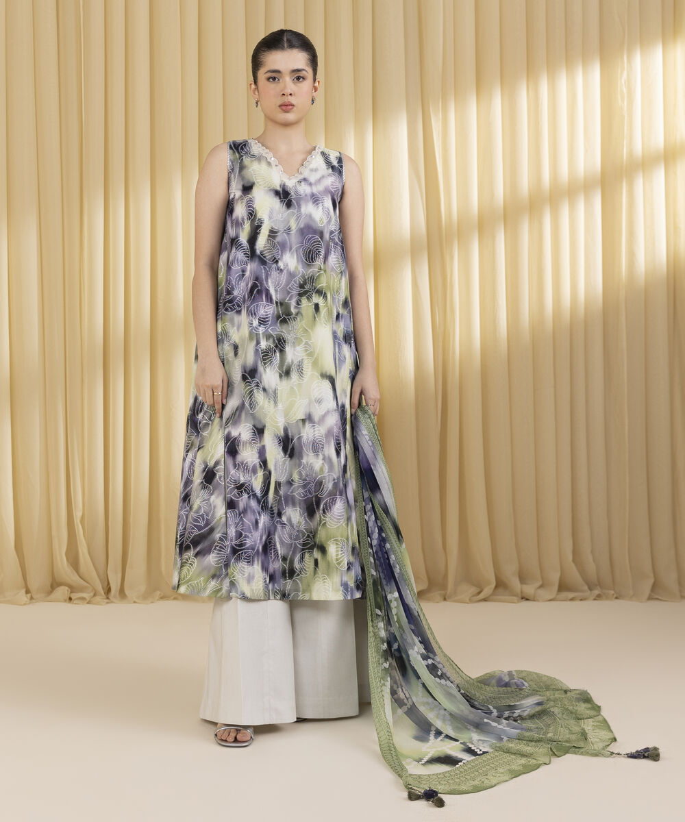 Unstitched Women's Green Extra Weft Jacquard 3 Piece Suit