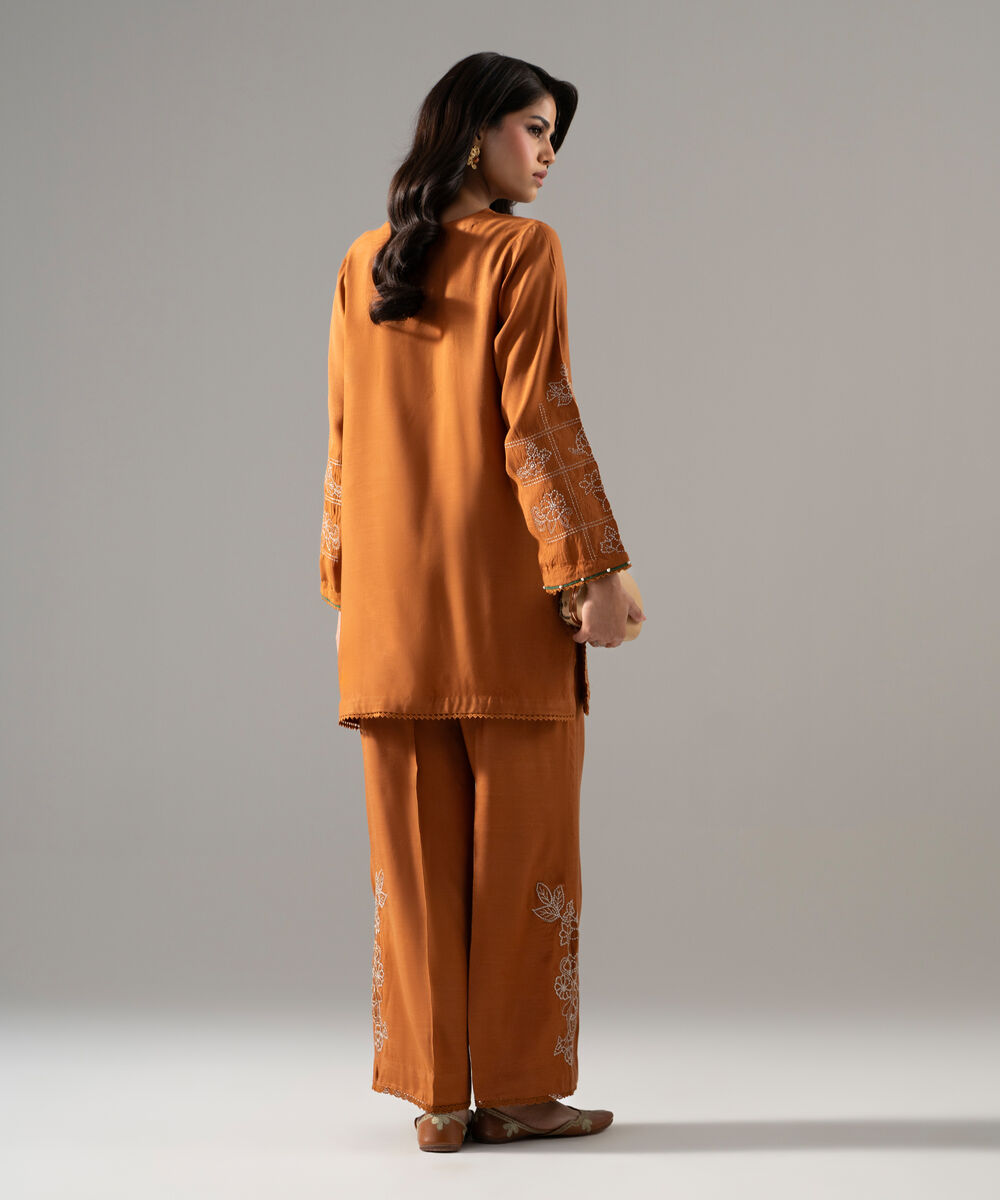 Women's RTW Viscose Raw Silk Solid Embroidered Brown 2 Piece Suit