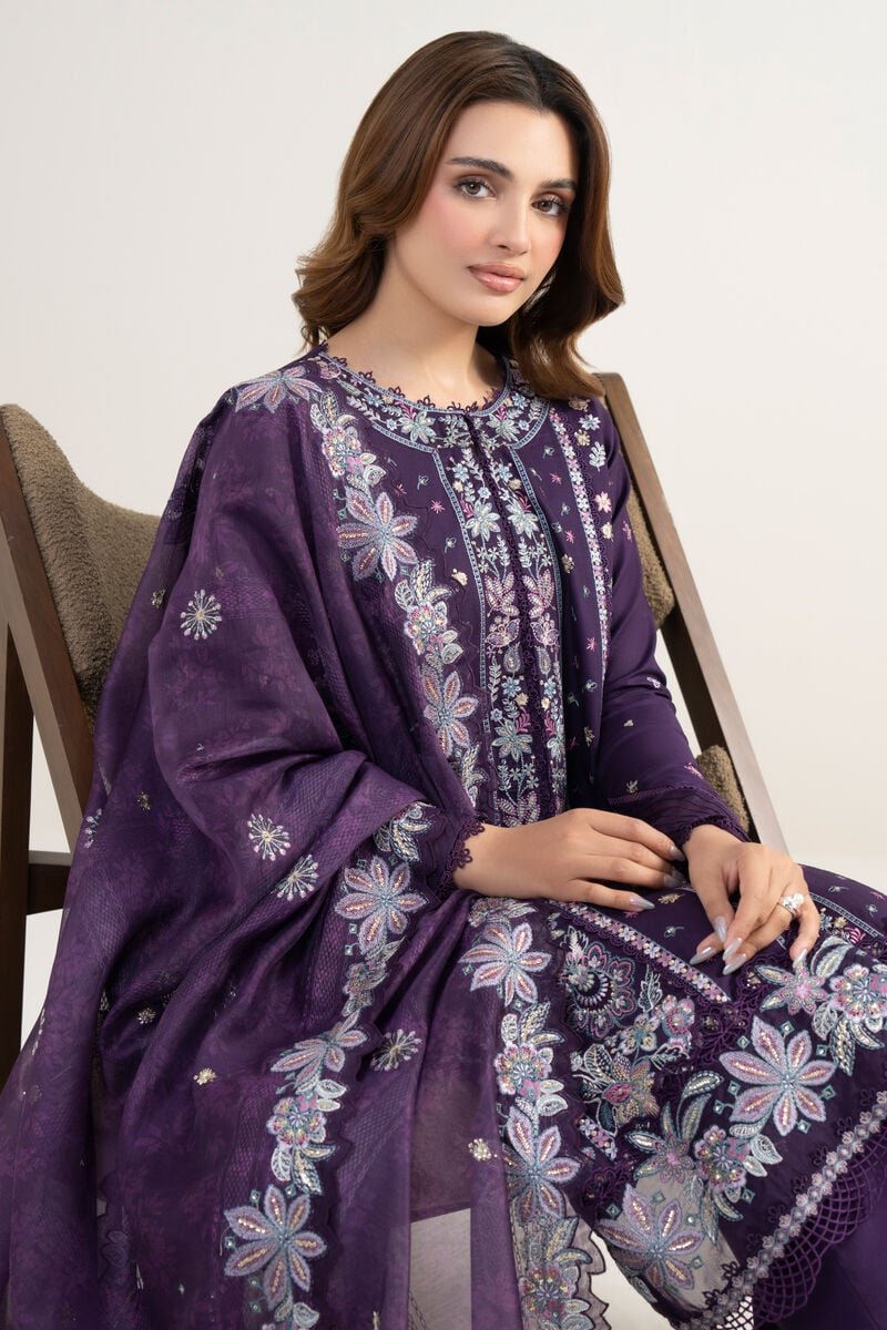 3 Piece - Embroidered Cotton Satin Suit