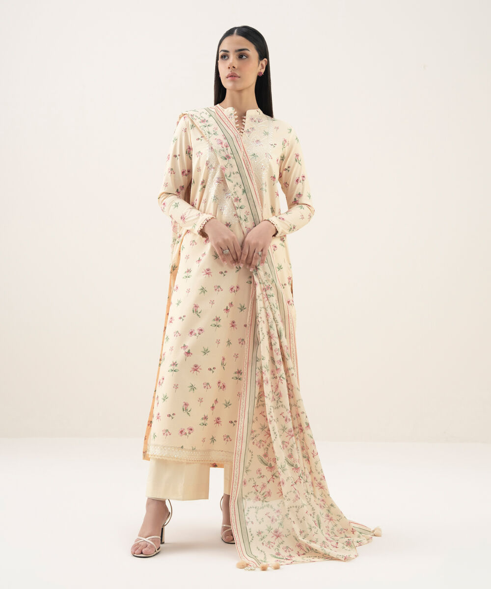 Women's Unstitched Lawn Embroidered Off White 3 Piece Suit