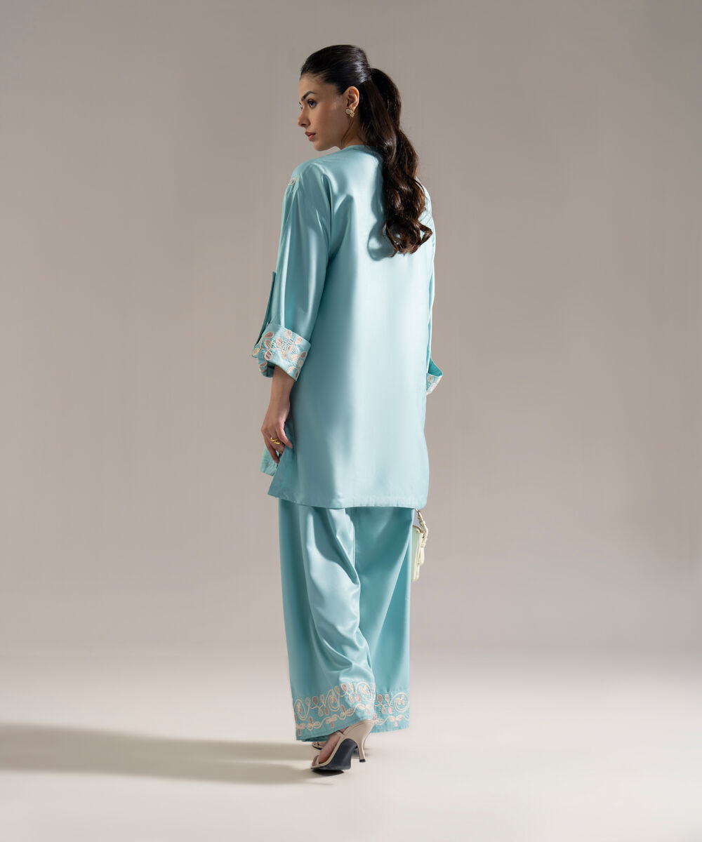 Women's RTW Viscose Marina Solid Embroidered Blue Drop Shoulder Shirt