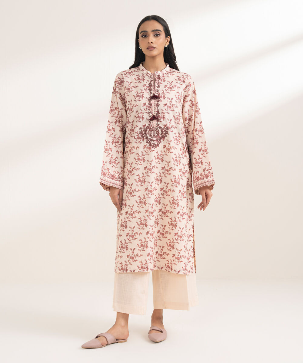 Women's RTW Cotton Embroidered Peach 3 Piece Suit