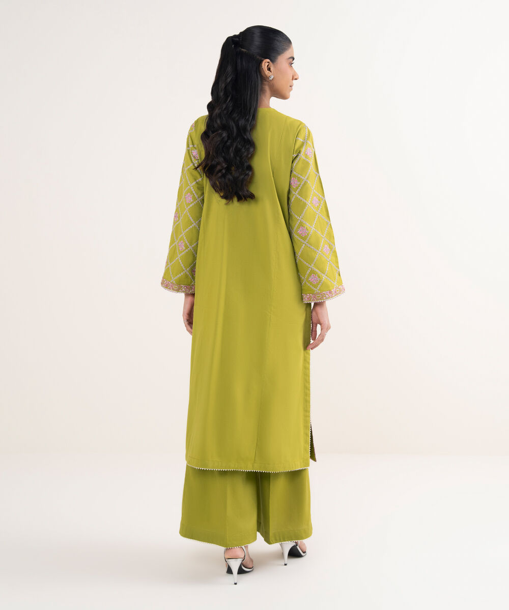 Women's RTW Cotton Viscose Embroidered Green A-Line Shirt