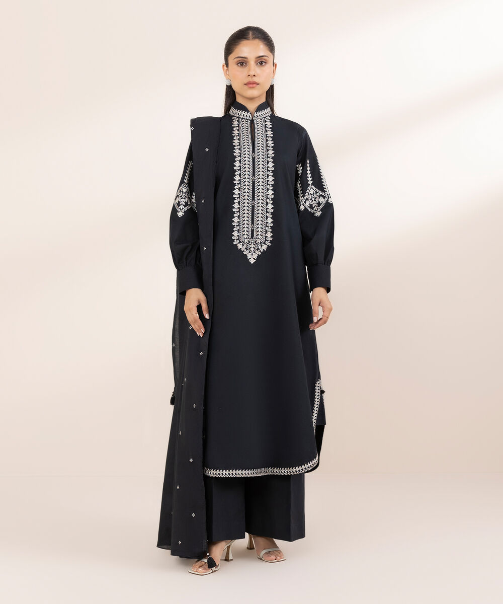 Women's Unstitched Khaddar Black 3 Piece Suit