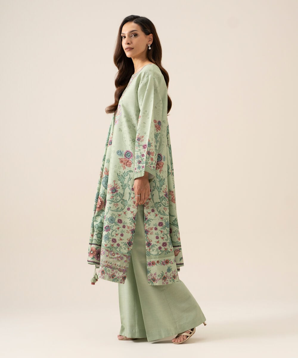 Women's Unstitched Light Khaddar Embroidered Mint Green 3 Piece Suit