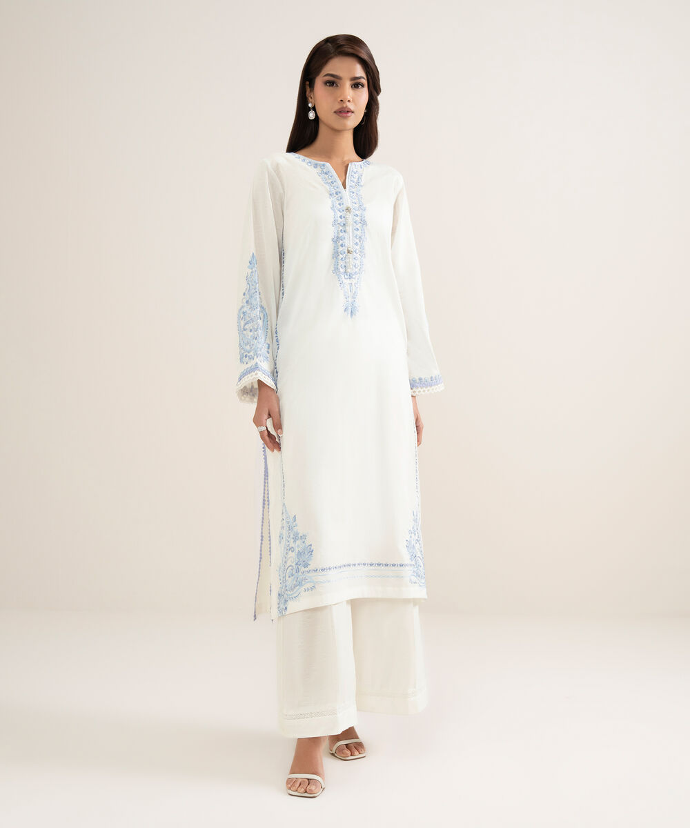 Women's RTW Self Jacquard Embroidered White A-Line Shirt