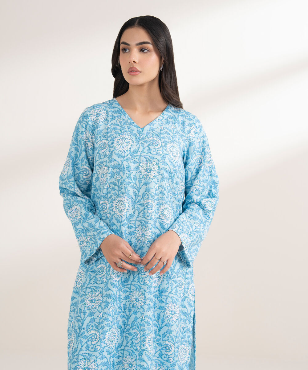 Women's RTW Arabic Khaddar Printed Straight Blue Shirt