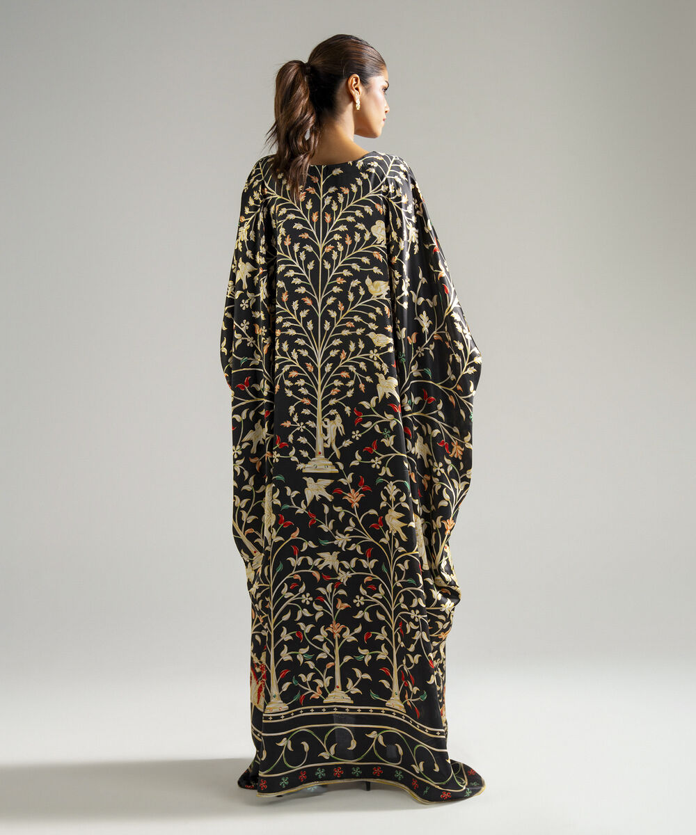 Women's RTW Blended Satin Printed Black Kaftan