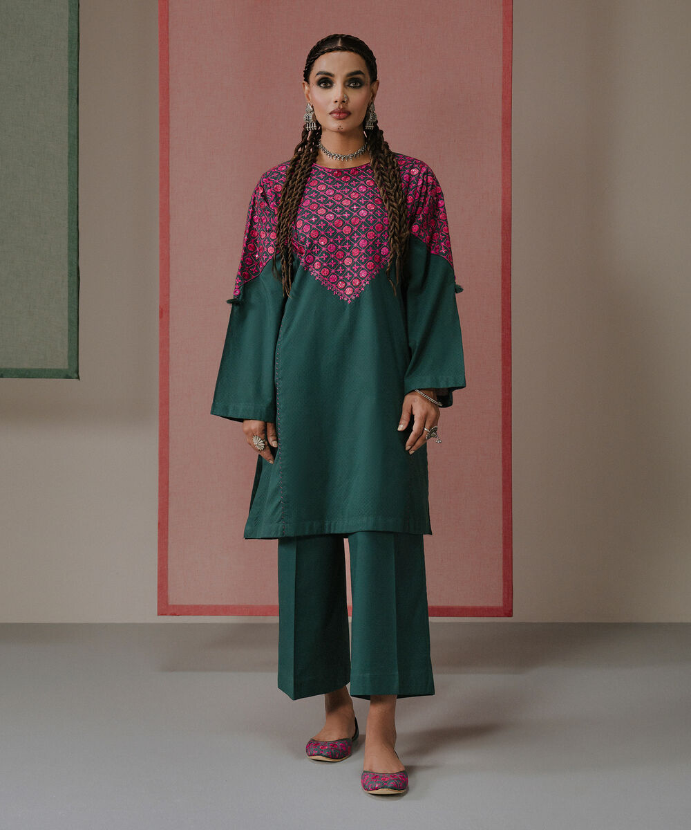 Embroidered Cotton Shirt Women's RTW Textured Cotton Green Embroidered A-Line Shirt
