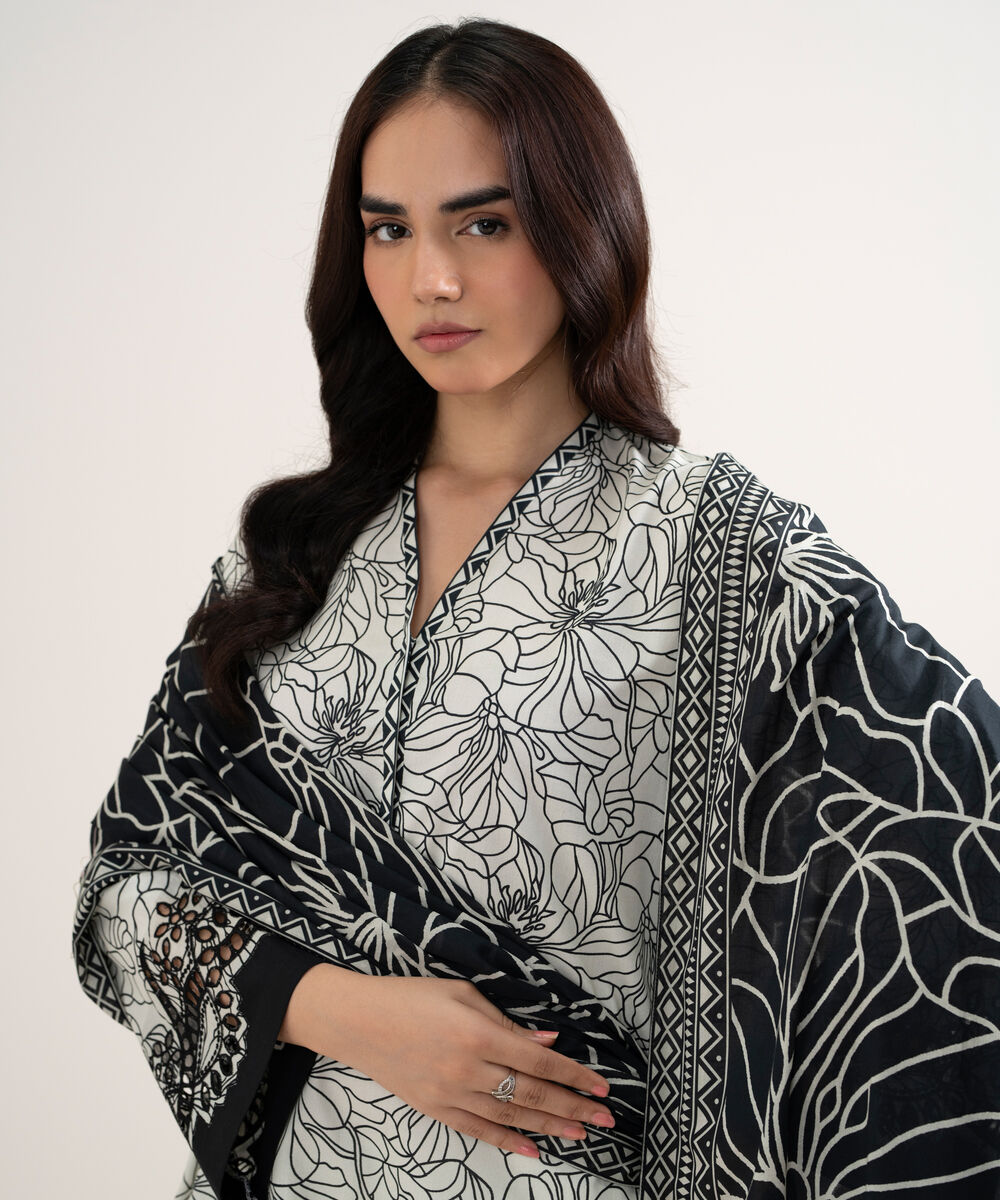Women's Unstitched Lawn Embroidered Off White