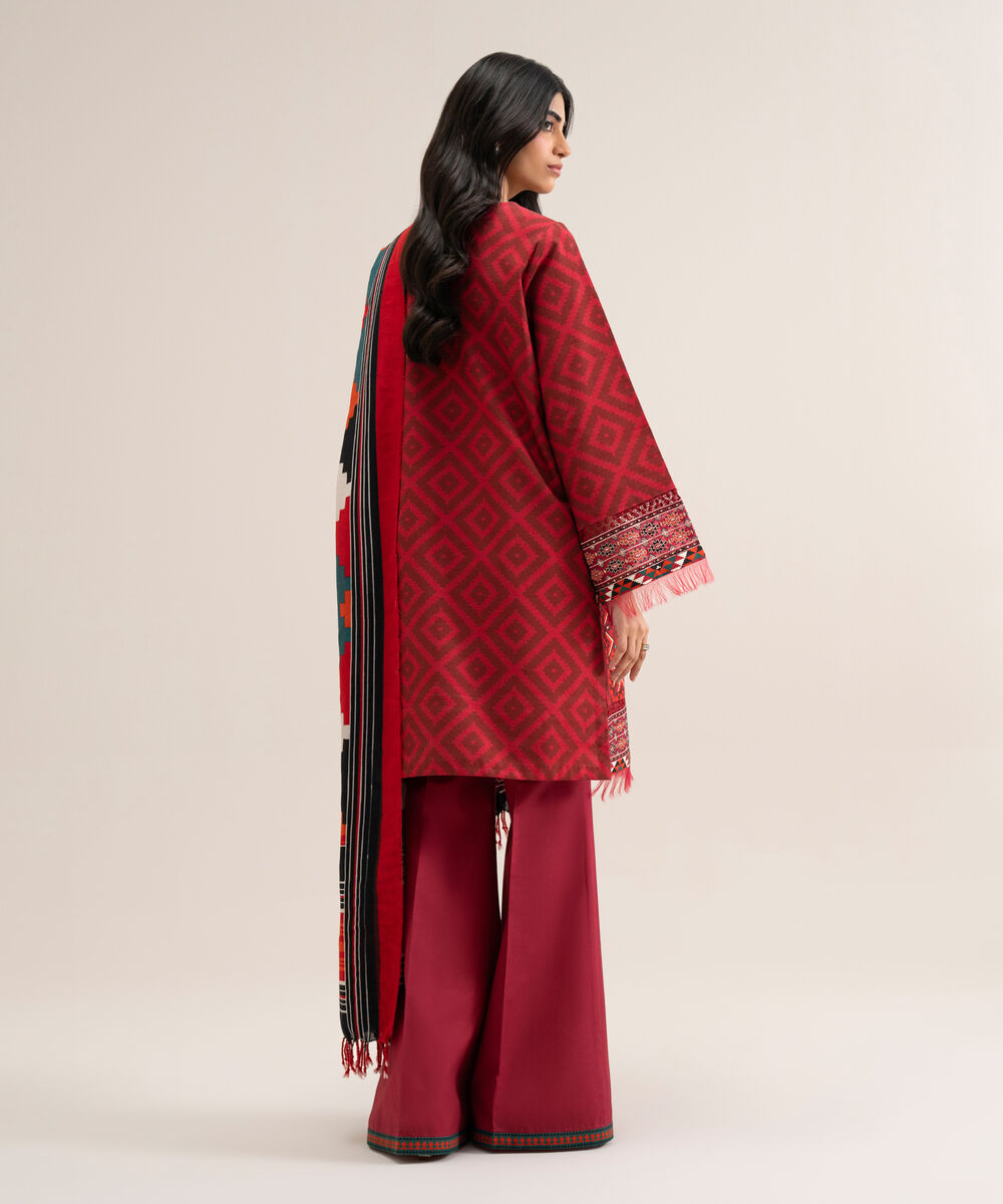 Women's Unstitched Cotton Printed Maroon 3 Piece Suit