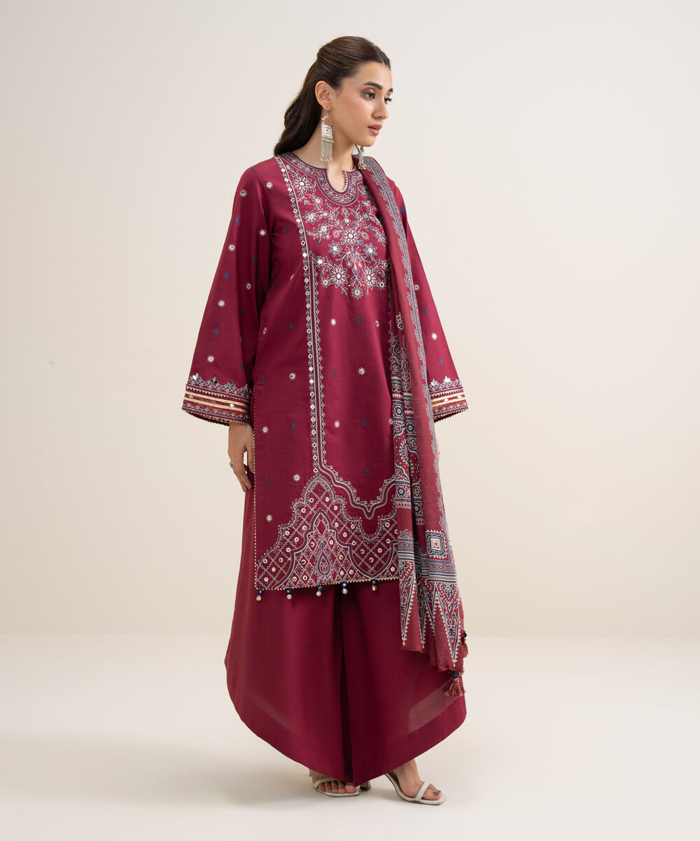 Women's Unstitched Lawn Embroidered Maroon 3 Piece Suit