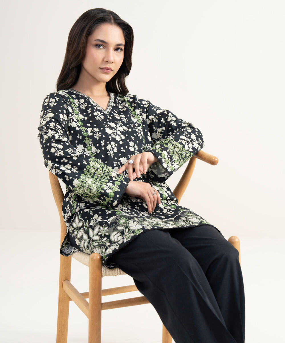 Women's RTW Cotton Viscose Embroidered Black Straight Shirt