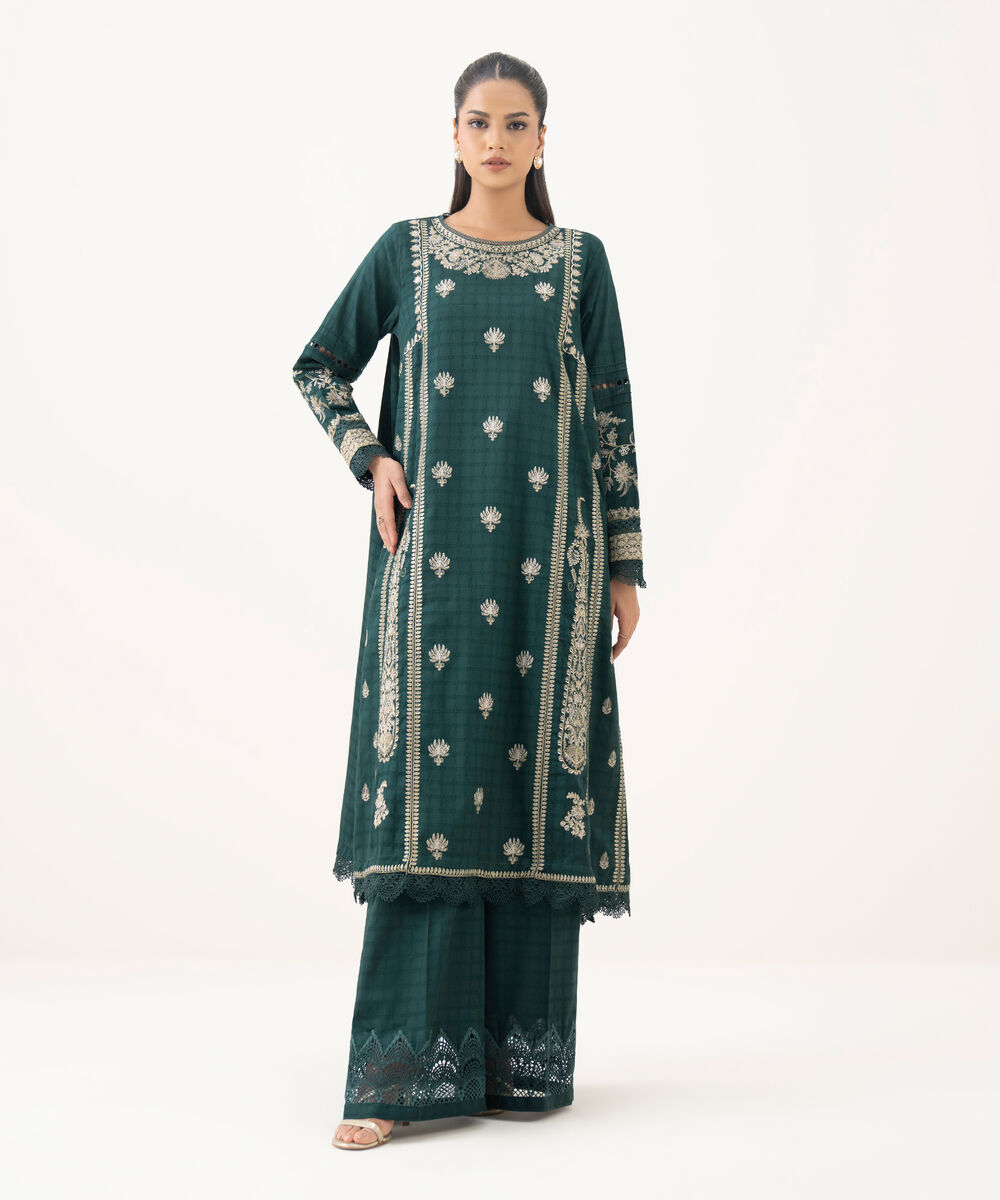 Women's RTW Textured Cotton Green Embroidered A-Line Shirt