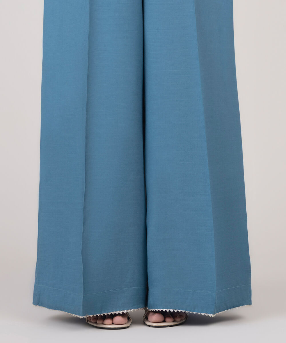 Women's RTW Viscose Raw Silk Solid Blue Flared Pants