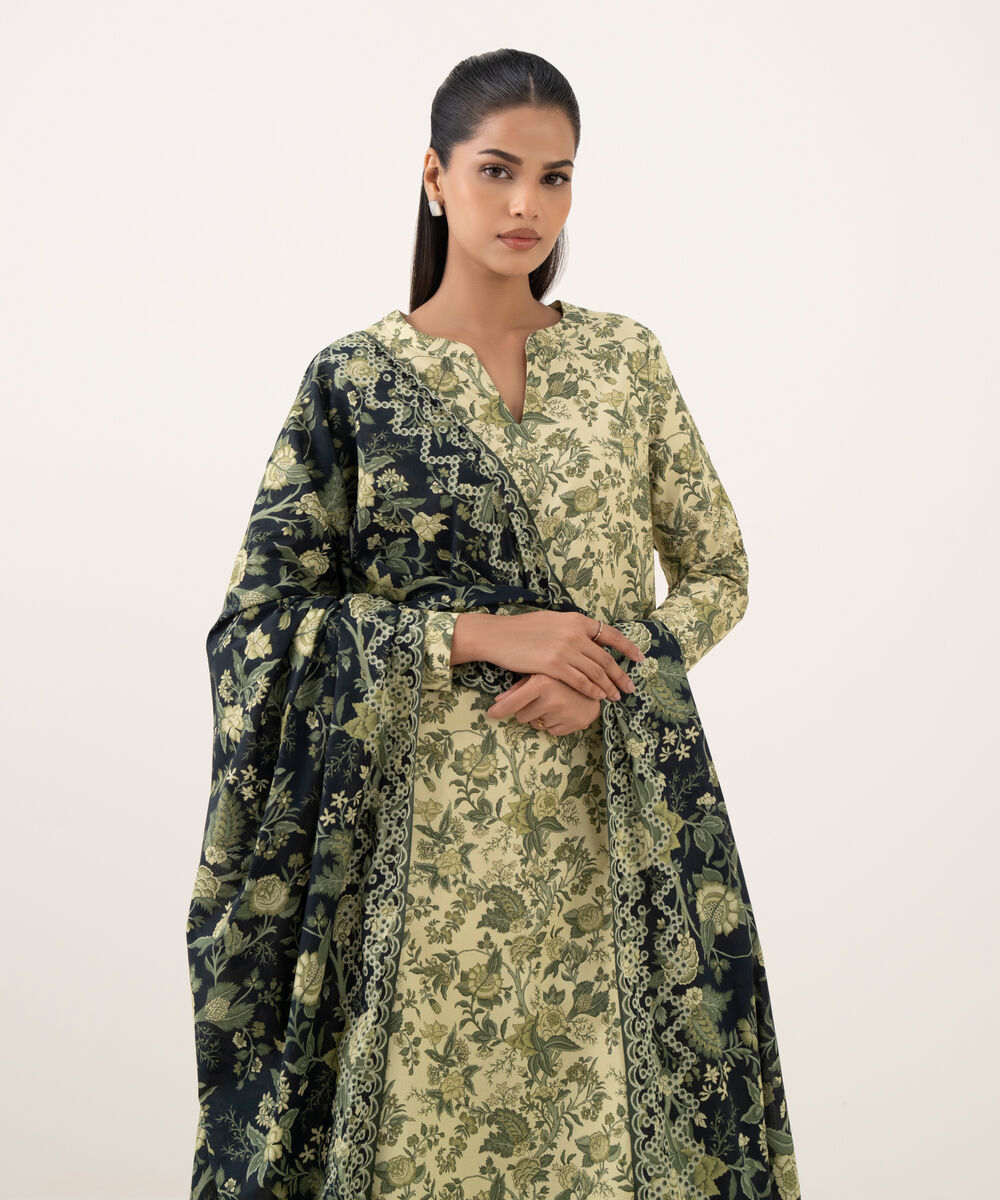 Women's Unstitched Cotton Printed Yellow Three Piece Suit