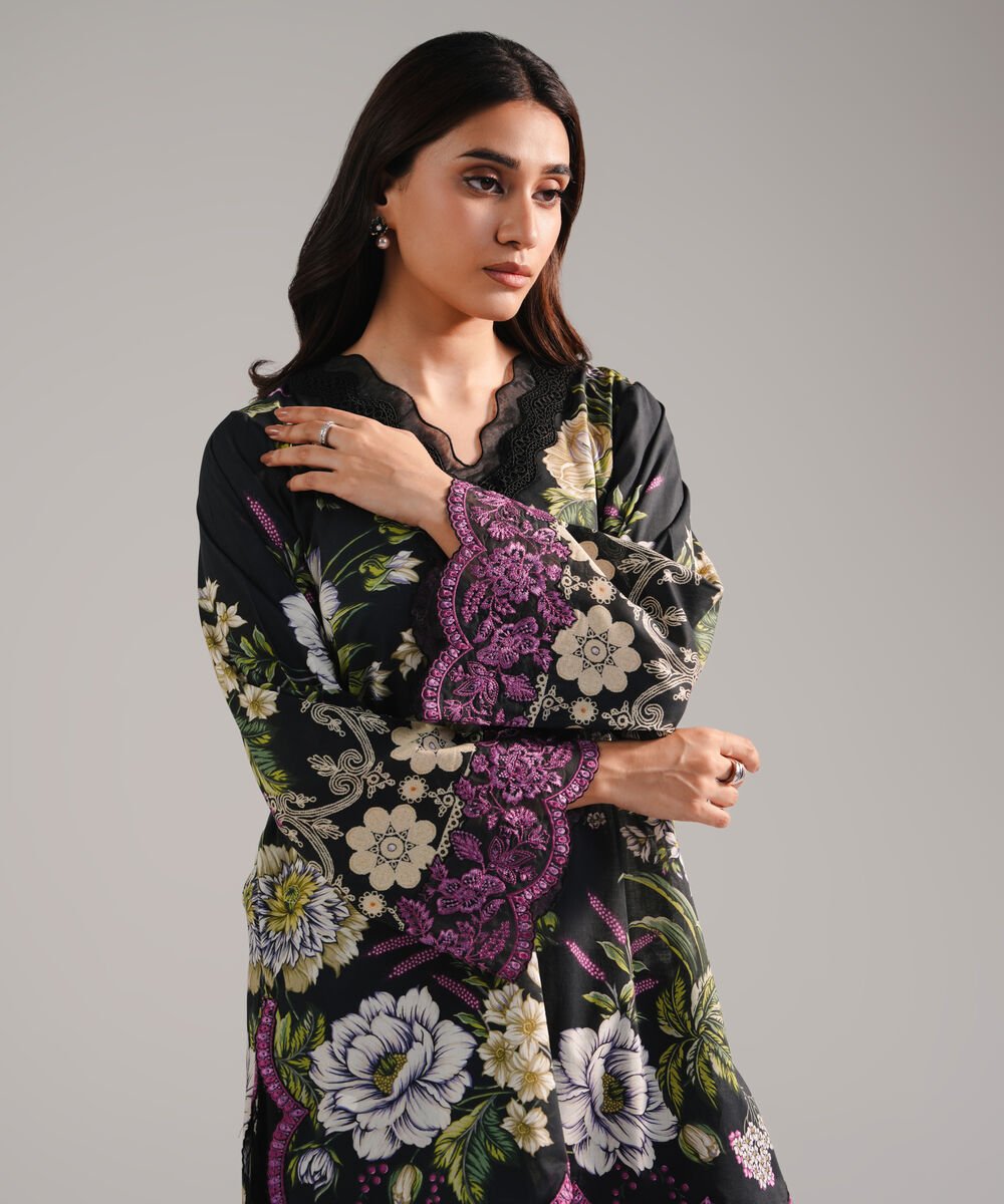 Women's RTW Lawn Embroidered Black Straight Shirt