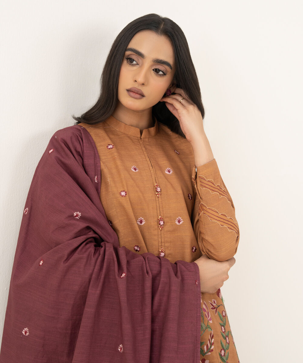 Women's Unstitched Embroidered Khaddar Orange 3 Piece Suit