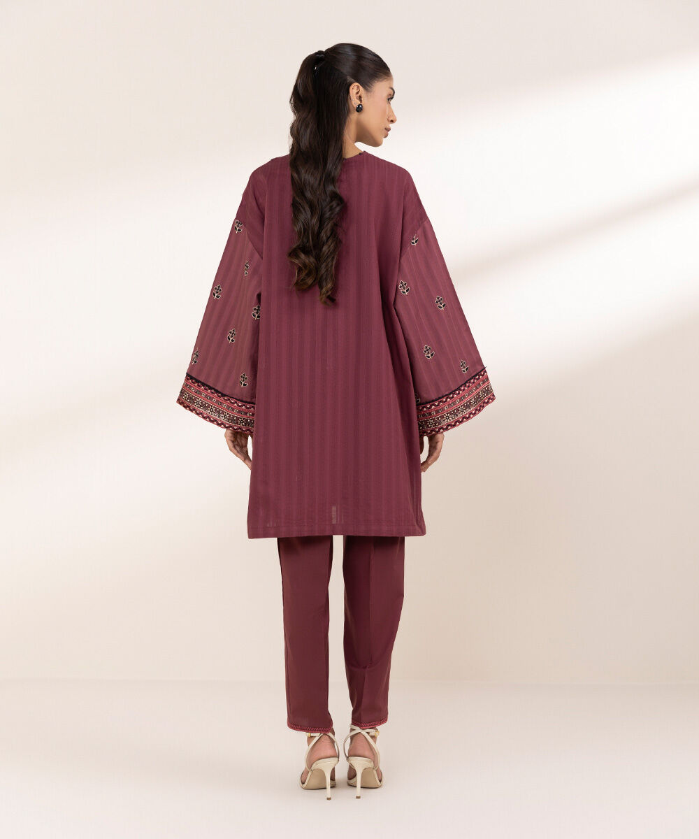 Women's RTW Textured Cotton Red Embroidered Boxy Shirt