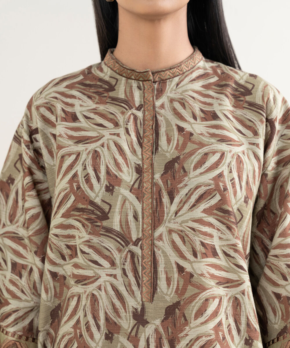 Women's Unstitched Printed Khaddar Brown and Beige 3 Piece Suit