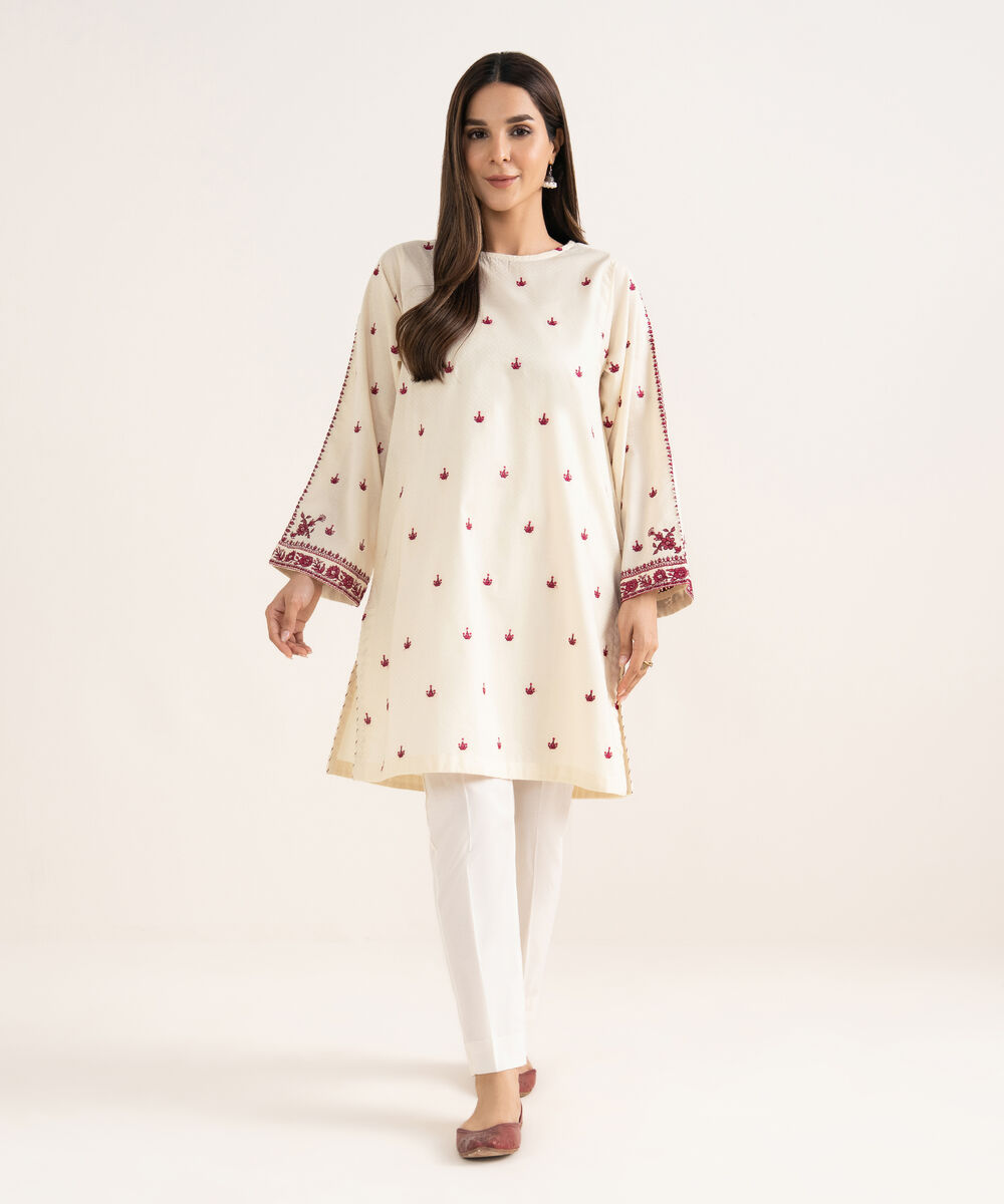 Women's RTW Textured Cotton White Embroidered A-Line Shirt