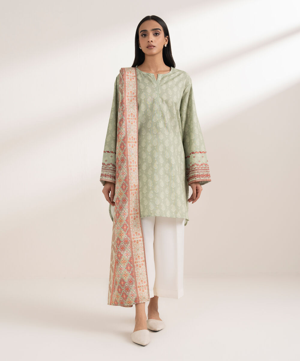 Women's RTW Light Khaddar Embroidered Green 2 Piece Suit