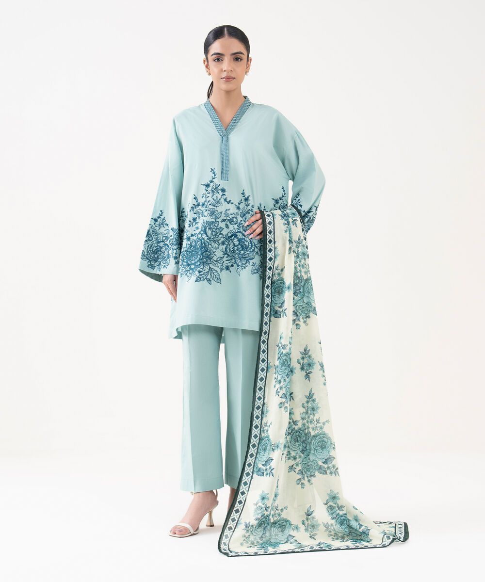 Women's RTW Textured Lawn Blue Embroidered A-Line Shirt