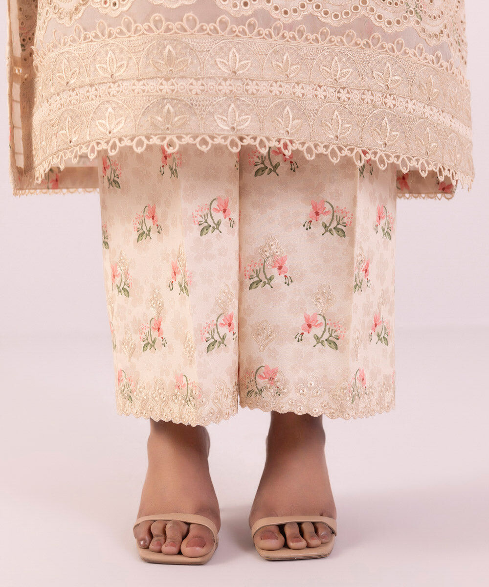 Women's Pret Cambric Off White Printed Embroidered Culottes